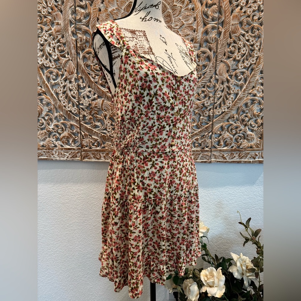 Wild Fable Coral Pink & Cream Floral Tiered Mini Dress- size L - Picture 3 of 15